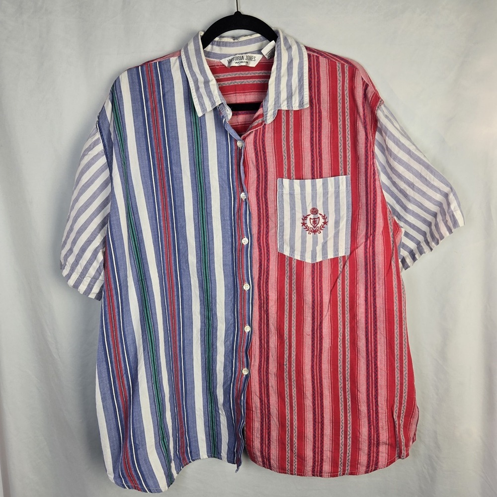 Vtg Victoria Jones Woman Cotton Striped Shirt 24W Embroidered Crest Preppy Camp